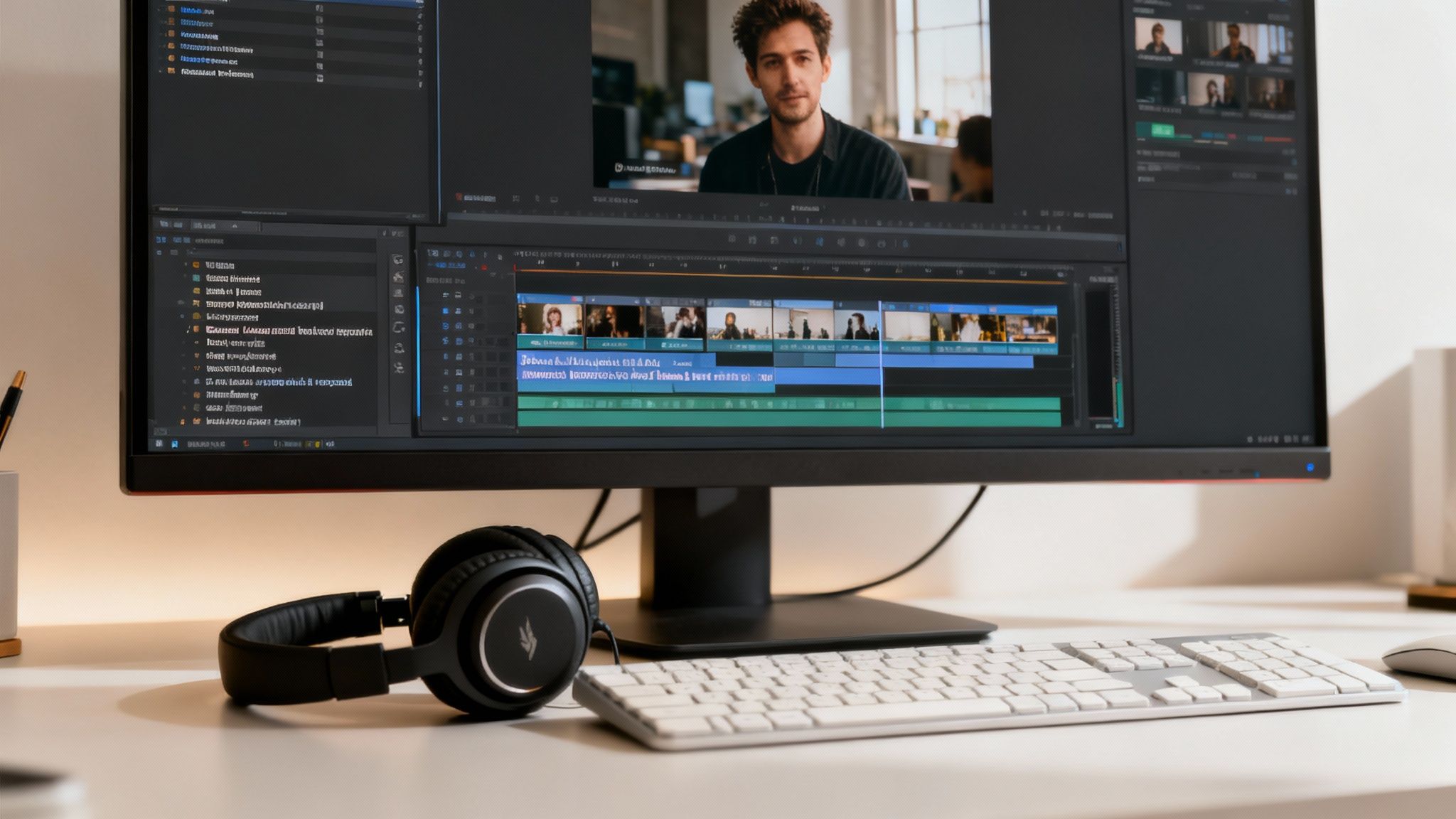 A monitor displays video editing software with a man on screen, beside headphones and a keyboard.
