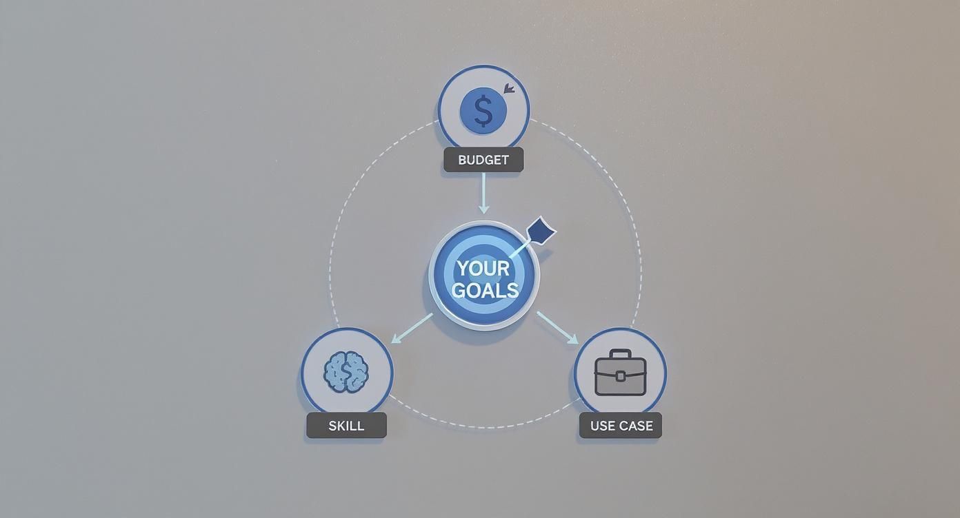 A diagram illustrating how budget, skill, and use case factors influence achieving your goals.