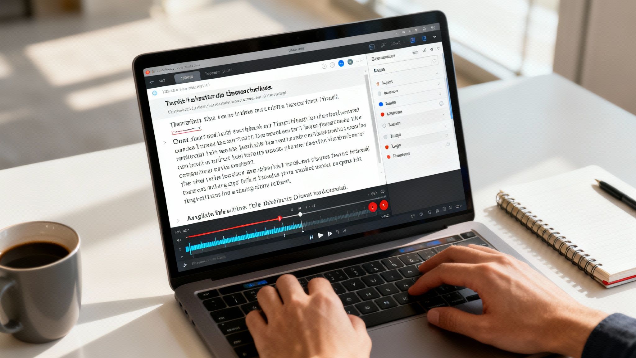 Person typing on a laptop with a video transcription interface open in a bright workspace.