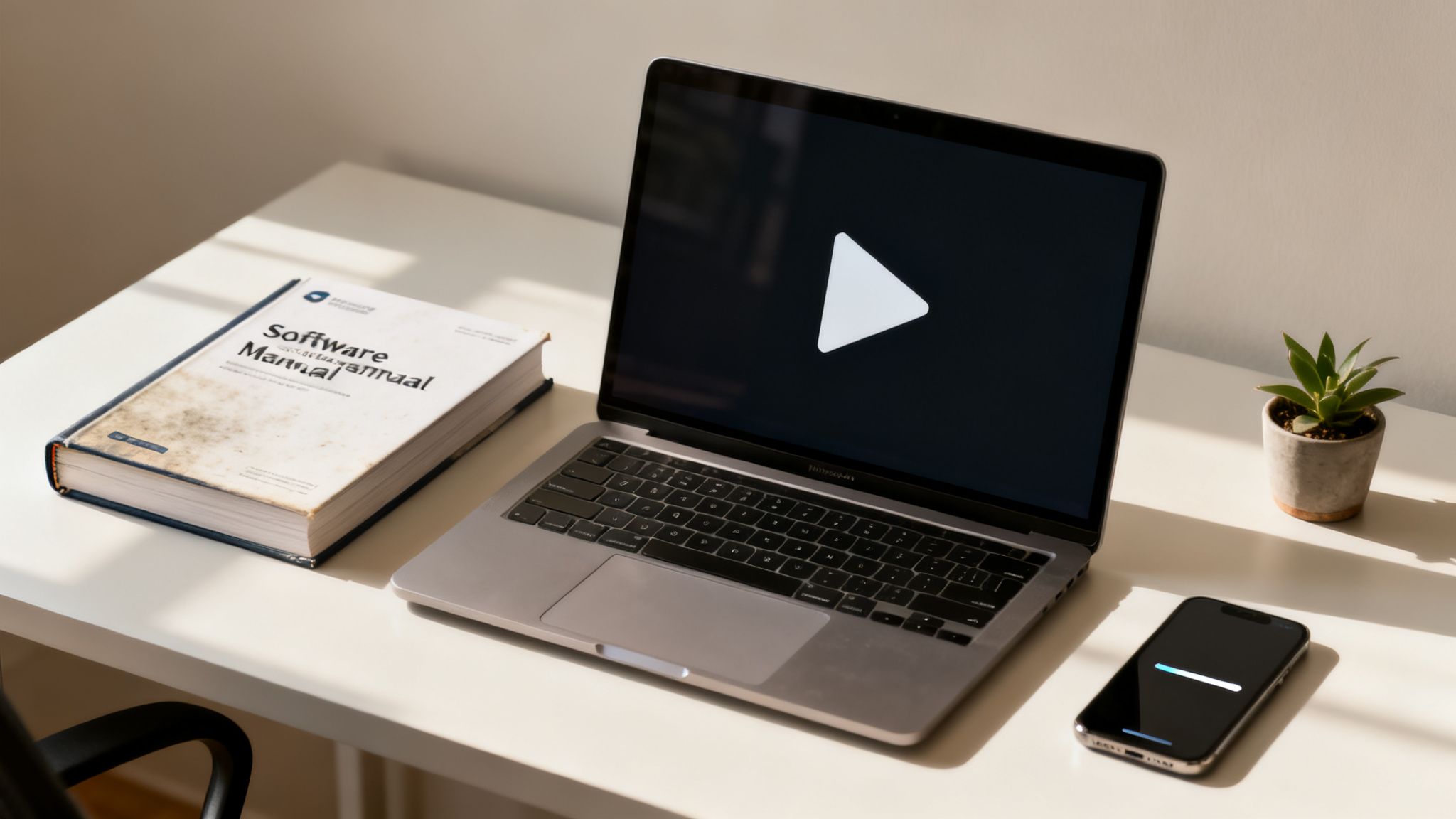 A workspace with a laptop displaying a play button, a software manual book, and a loading smartphone.