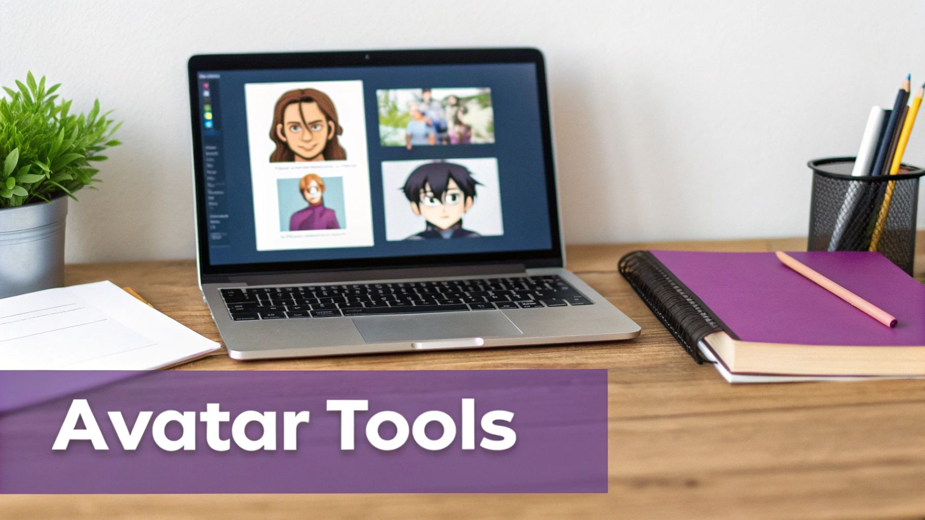 A laptop on a wooden desk displays various avatar images and tools, alongside office supplies.