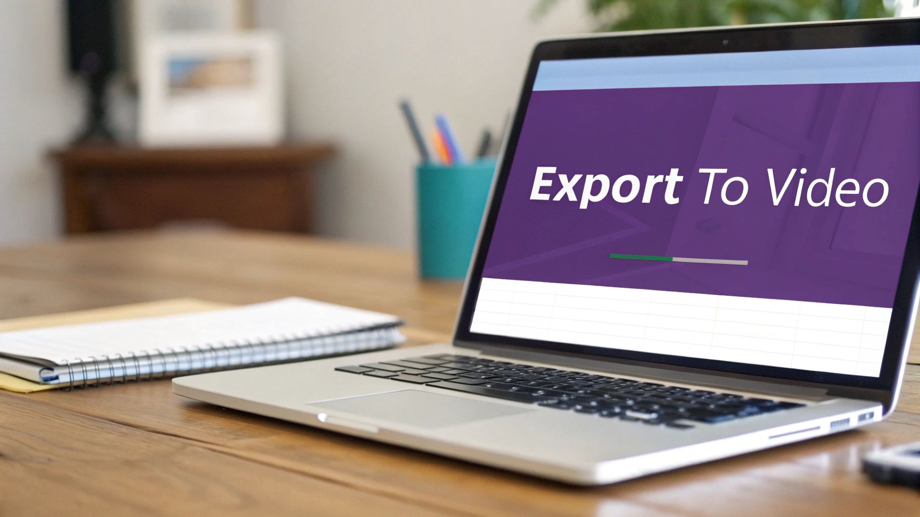 A laptop on a wooden desk displaying 'Export To Video' on screen with a progress bar.