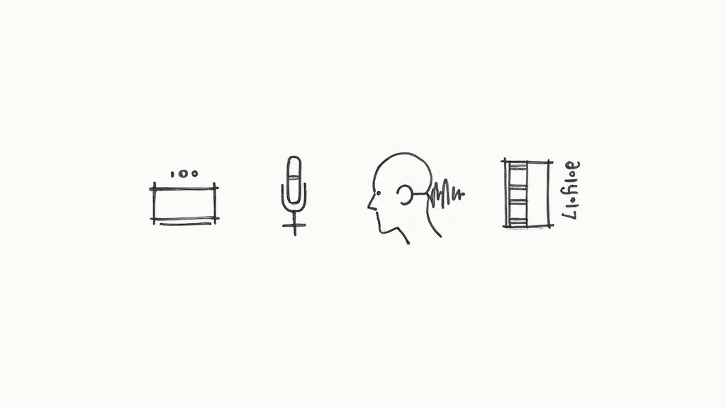 Four minimalist icons showing video frame, microphone, person speaking with sound waves, and translation interface