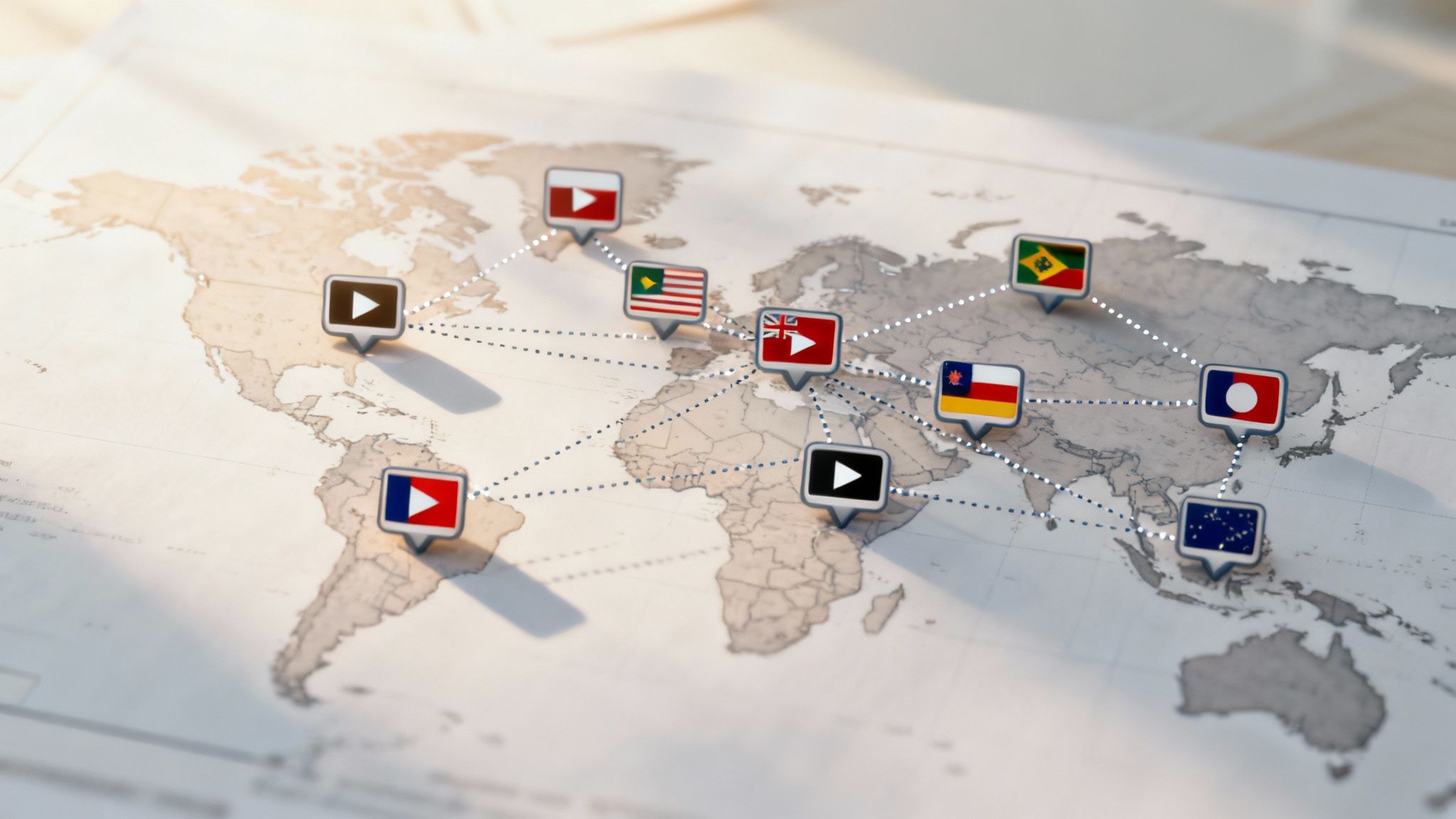 A group of diverse people collaborating on a project, symbolizing global communication.