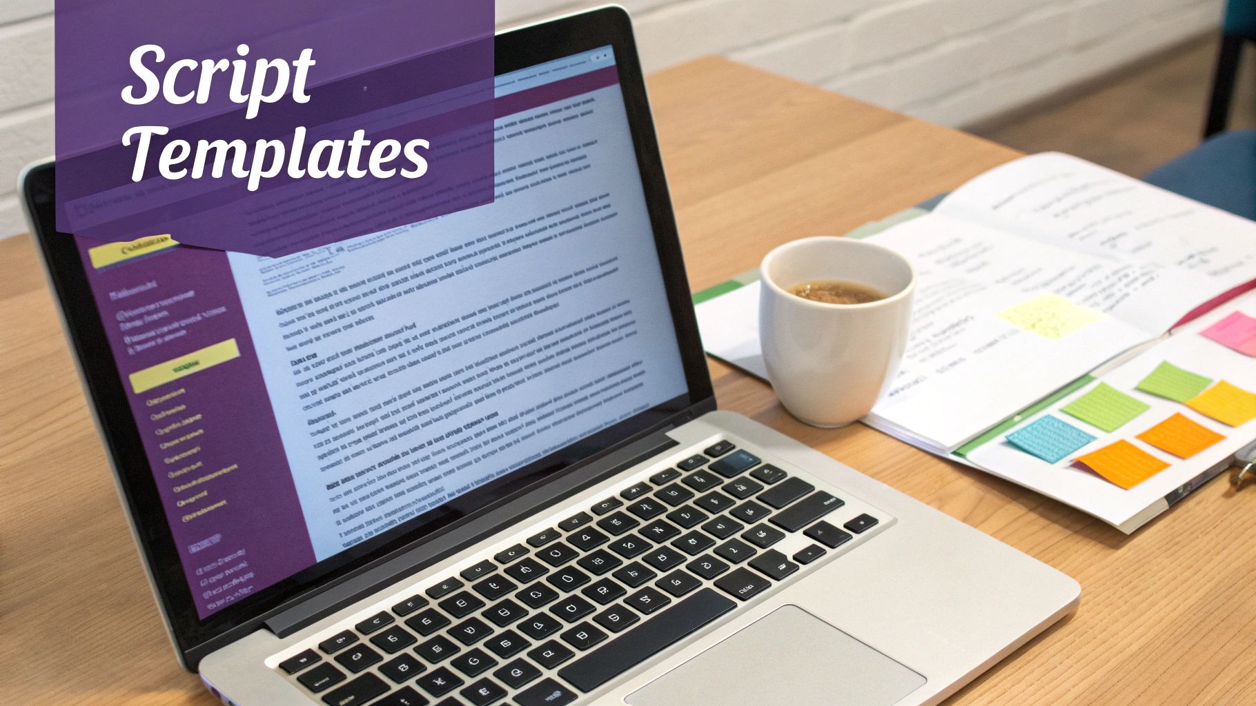 A laptop displaying 'Script Templates' on screen, next to a coffee cup and notebook with sticky notes.