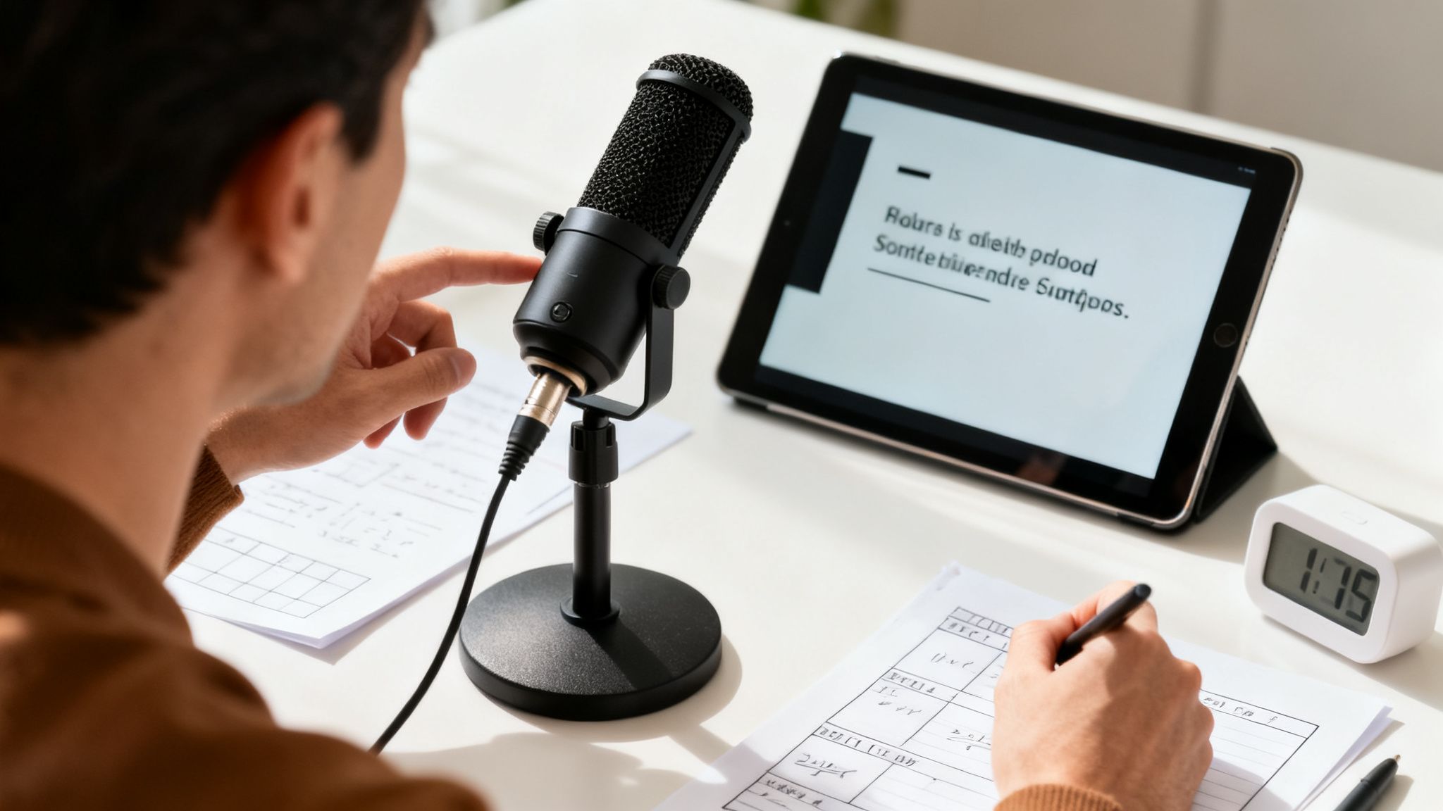 A person records a podcast or online lecture, adjusting a microphone while taking notes.