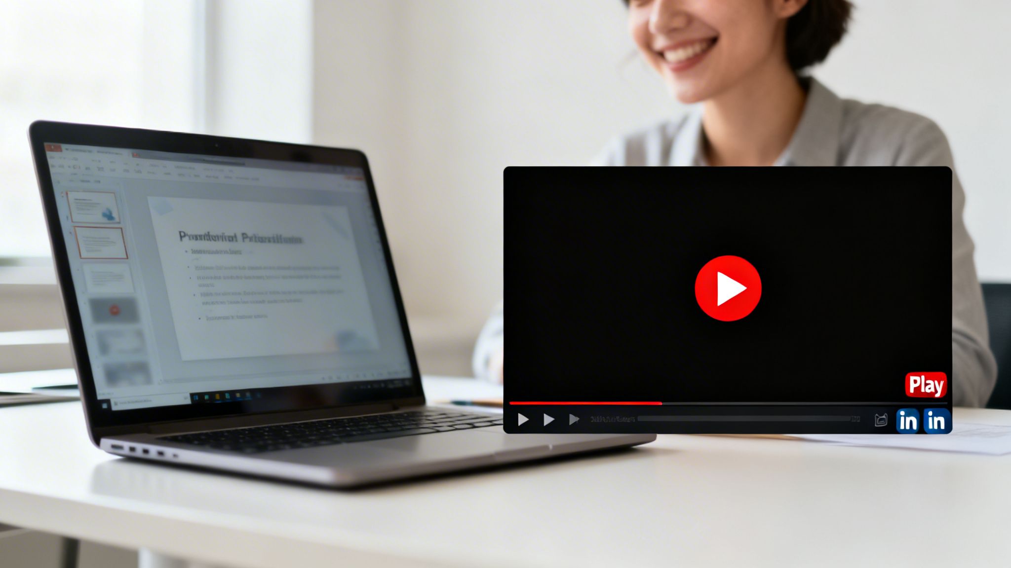 A smiling person watches a video with a 'Play' button and LinkedIn logos, next to a laptop displaying a PowerPoint presentation.
