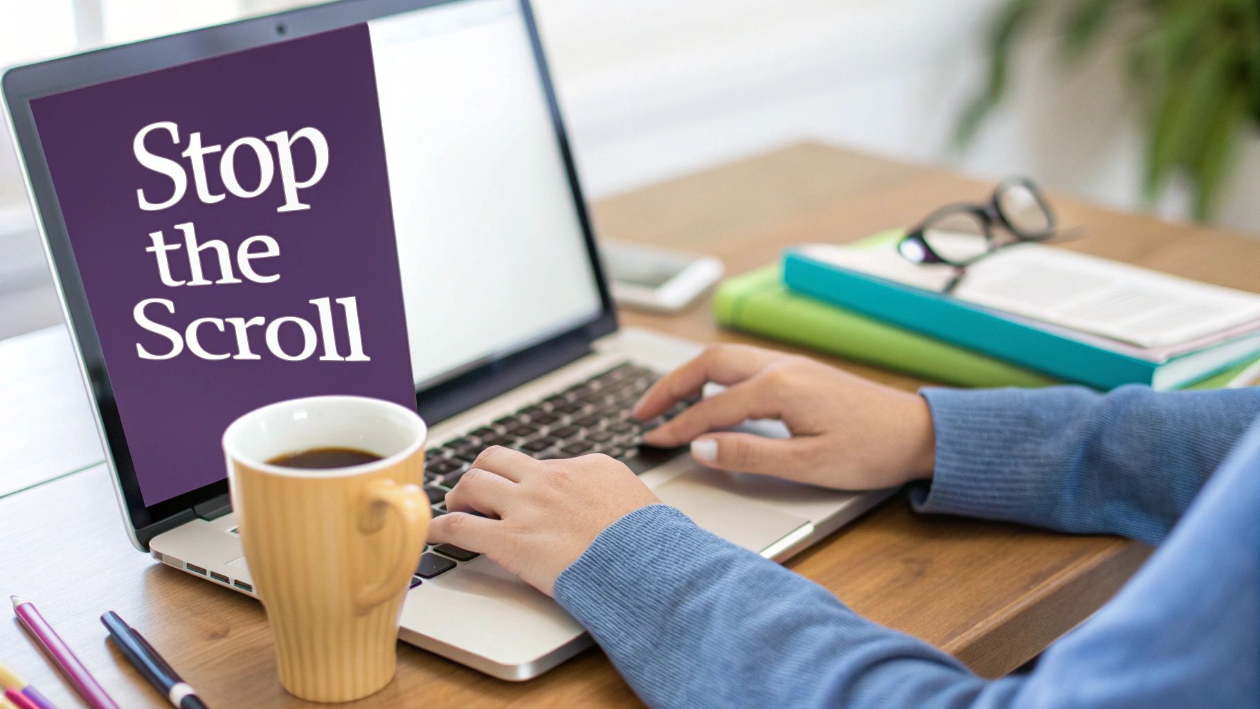 A person typing on a laptop with 'Stop the Scroll' on the screen, a coffee, and books.