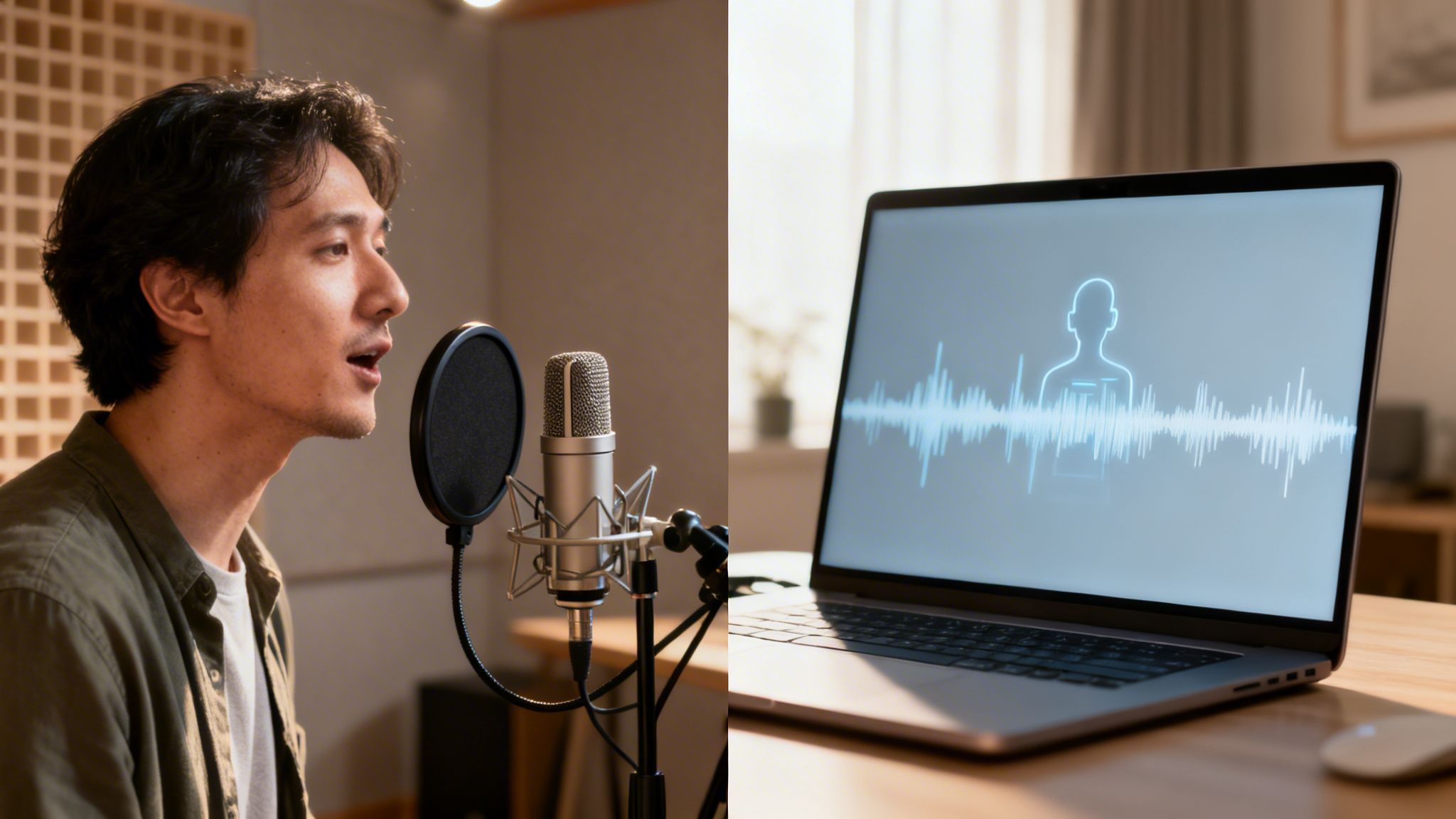 Asian man recording voice into a studio microphone, with a laptop displaying sound waves.