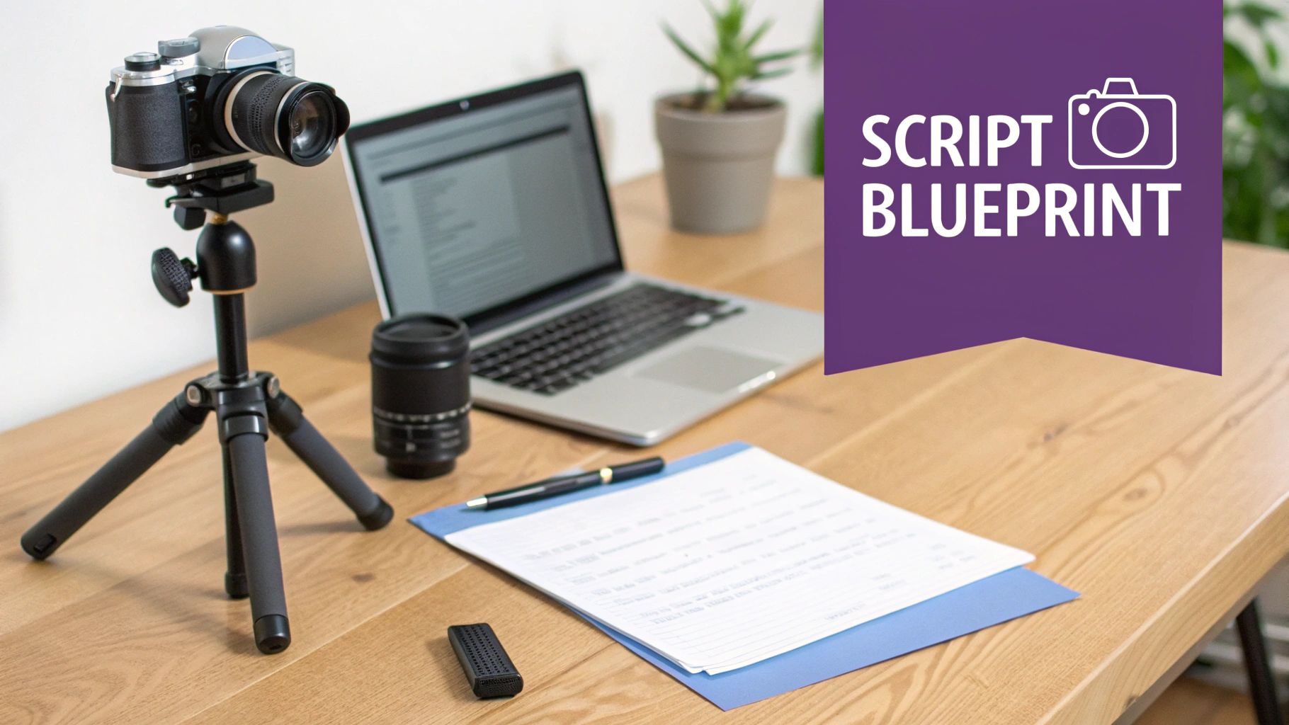 A camera on a tripod, laptop, script documents, and a pen on a wooden desk, symbolizing video production.