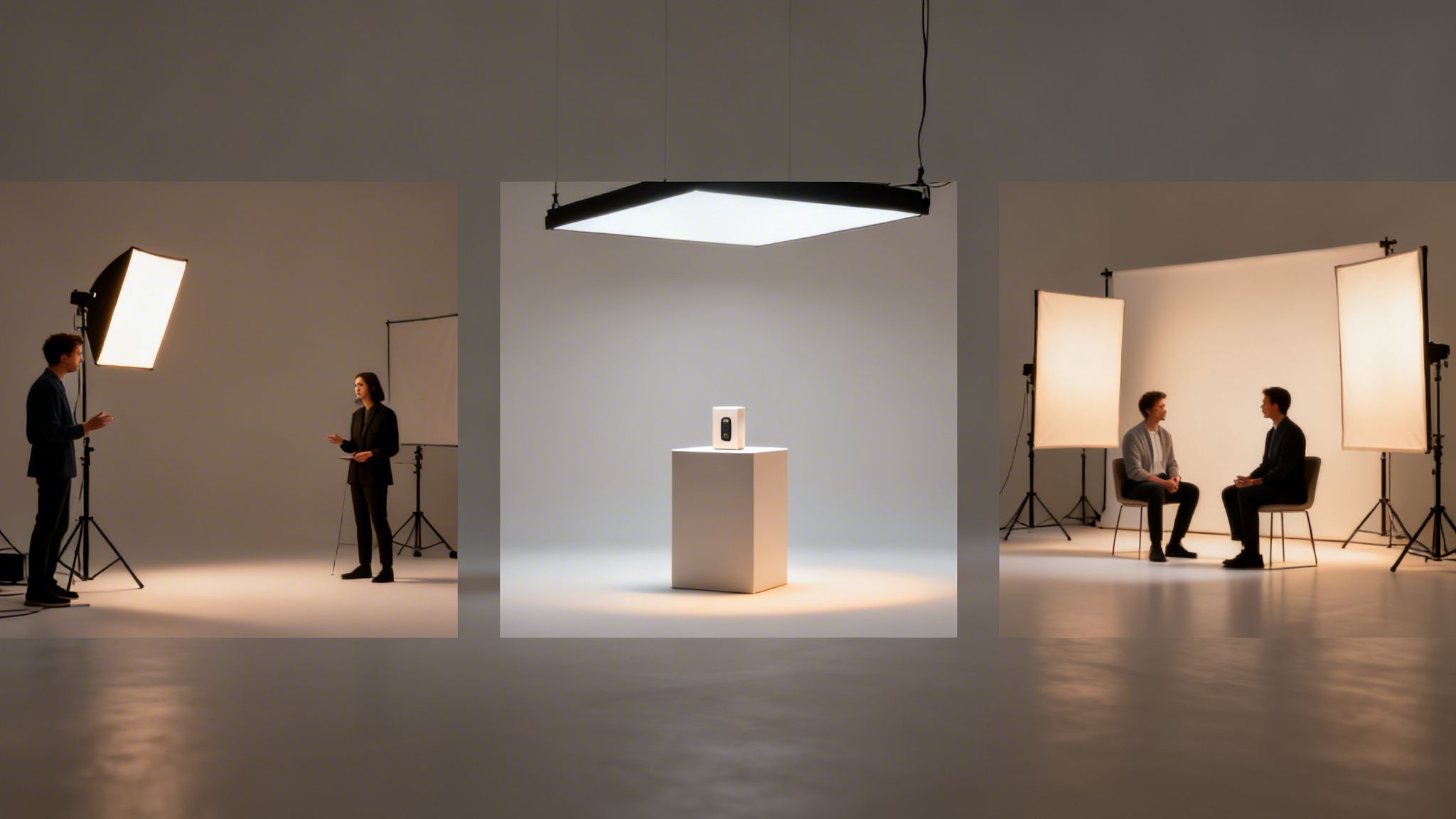 Professional studio lighting setups for interviews, product shots, and video recording sessions.