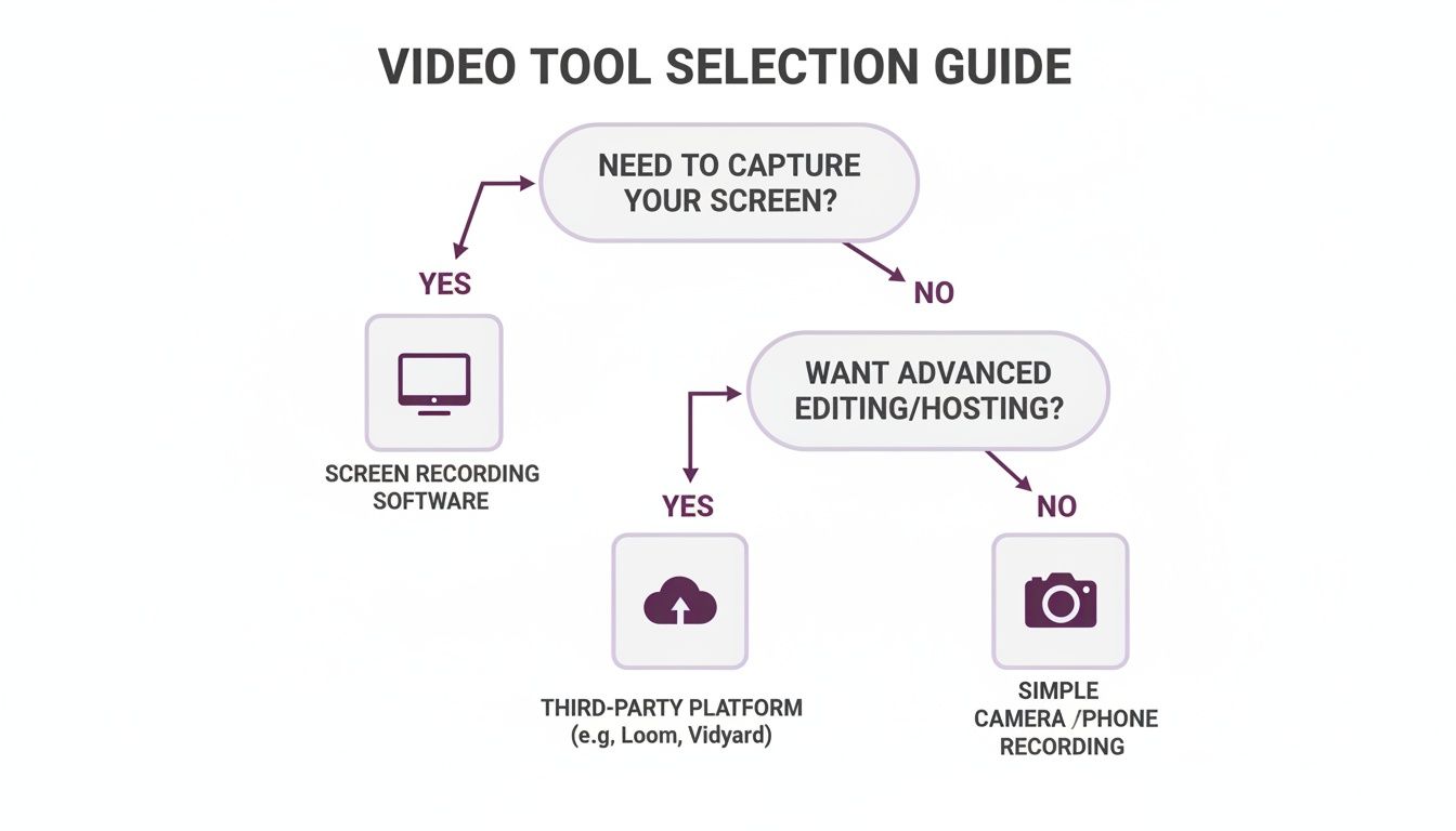 A flowchart guiding users to select video tools based on needs like screen capture, advanced editing, or simple recording.