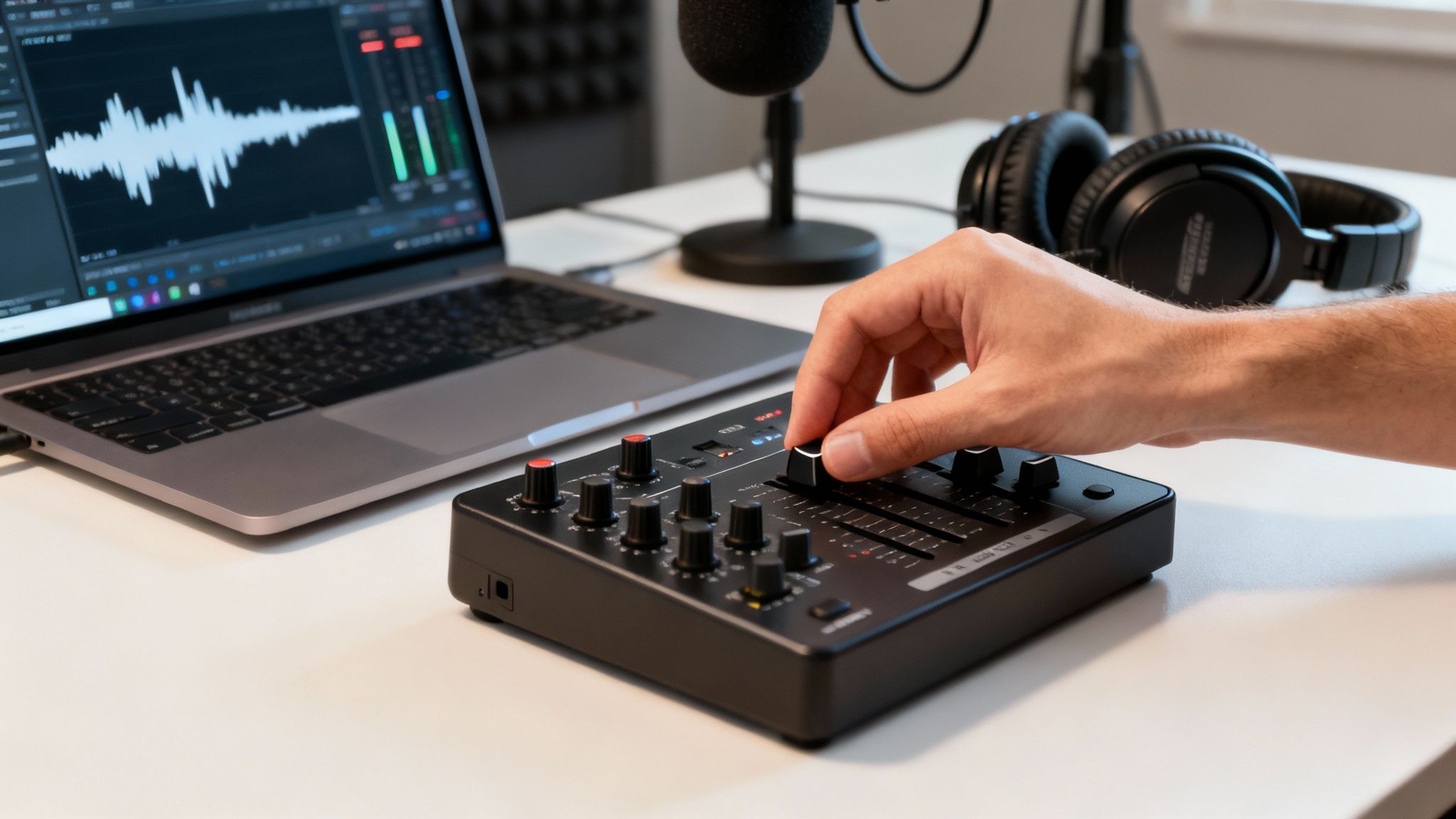 A hand adjusts a black audio mixer knob next to a laptop displaying sound waves and levels.