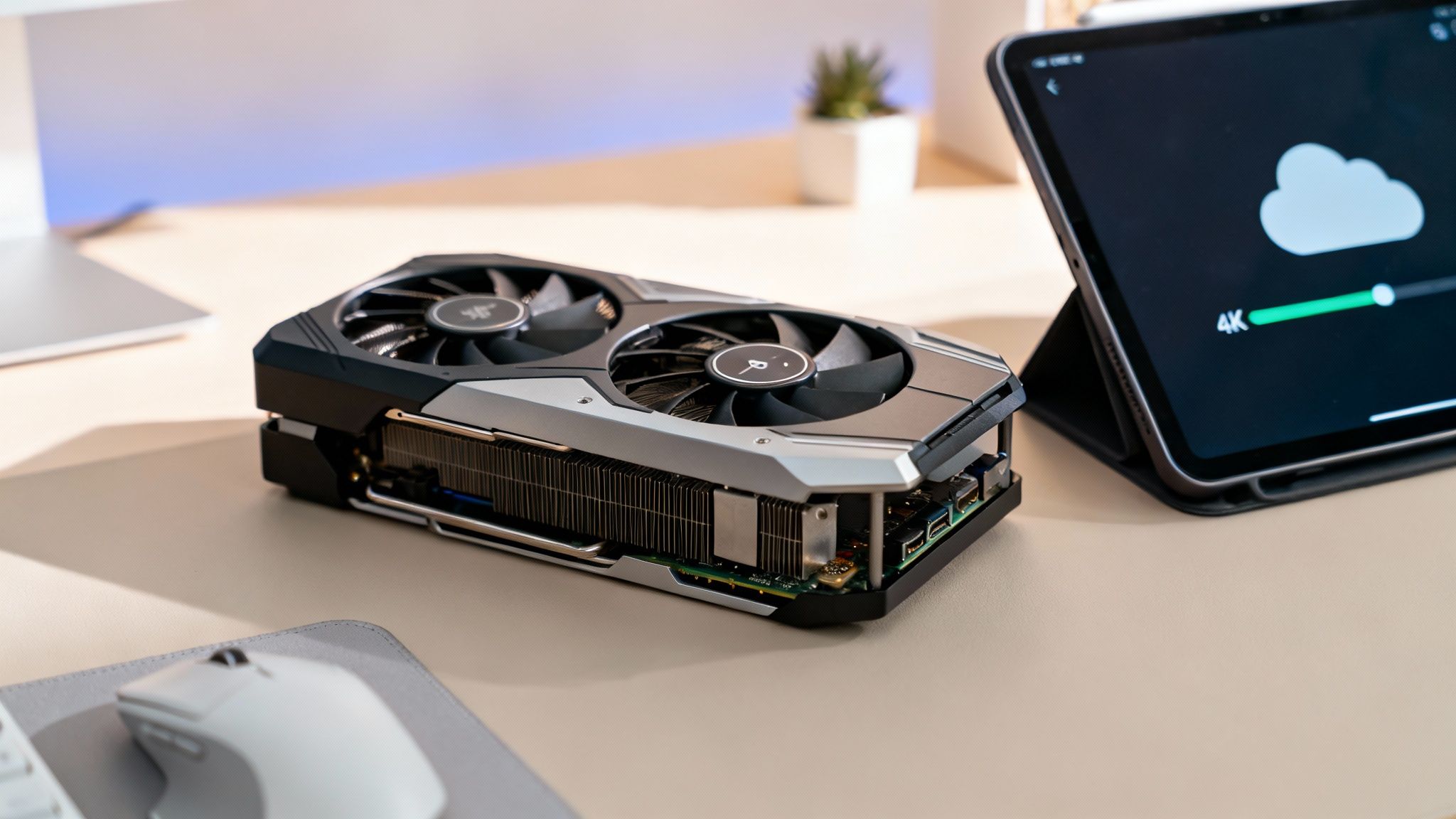A powerful dual-fan graphics card on a modern desk next to an iPad uploading 4K video.