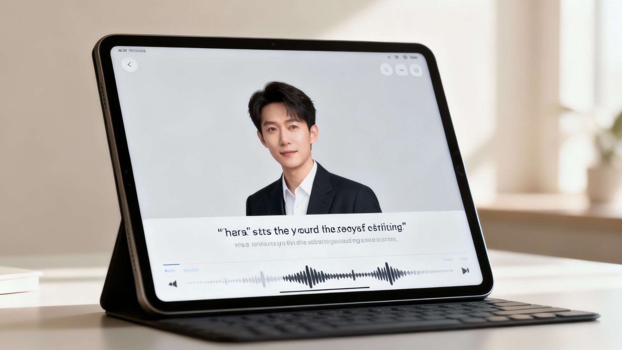 A tablet on a stand displays a video of a man speaking with an audio waveform.