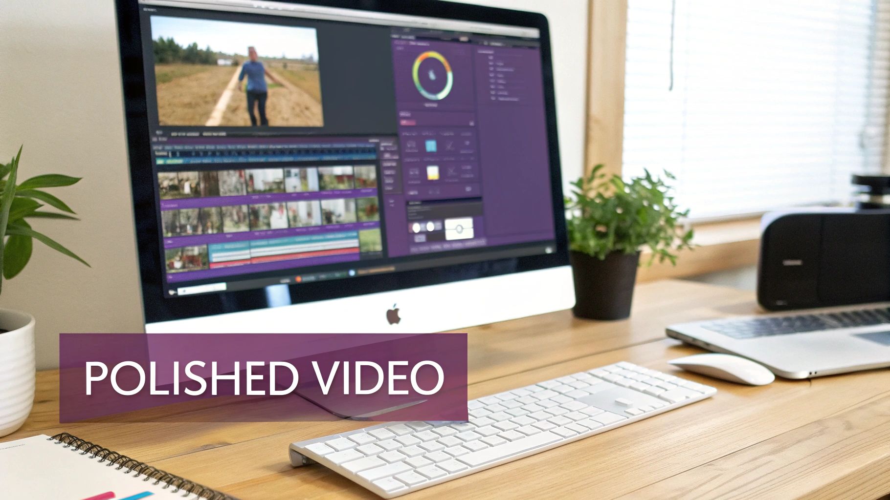 An Apple iMac on a wooden desk showing video editing software with a keyboard, mouse, and plants.