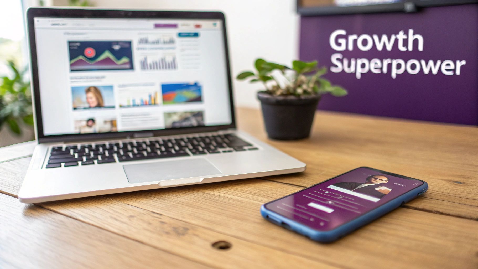 A laptop displaying business analytics, a smartphone, and a 'Growth Superpower' sign on a wooden desk.