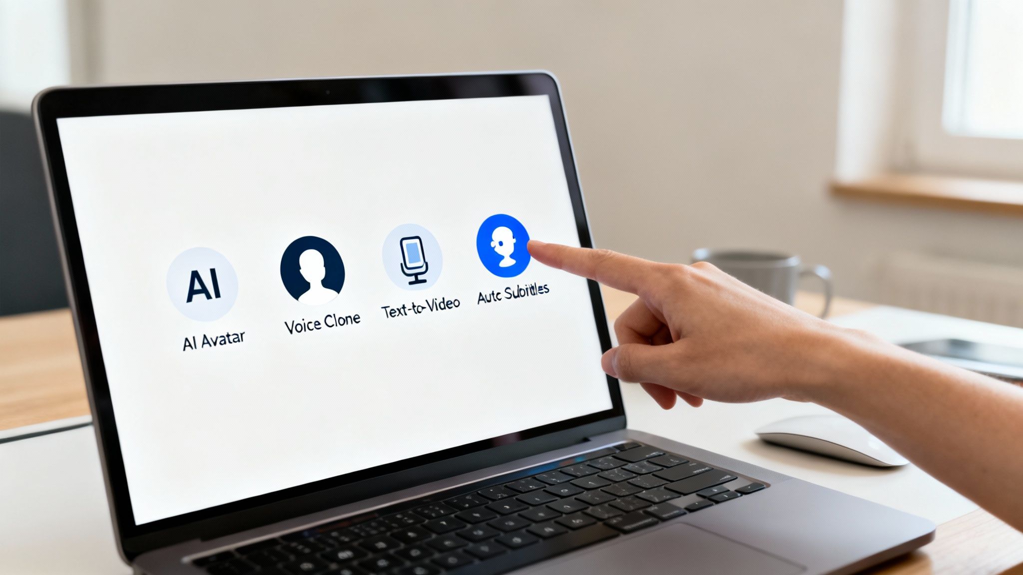 A hand touches the 'Auto Subtitles' icon on a laptop screen, showing various AI video features.
