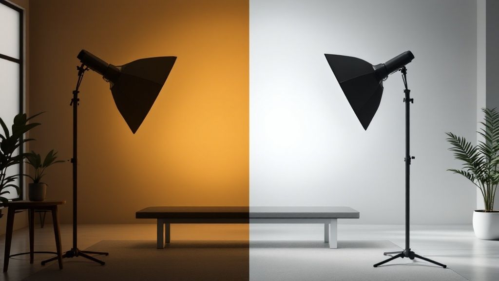 A softbox and an umbrella, two common light modifiers, set up for a video shoot.