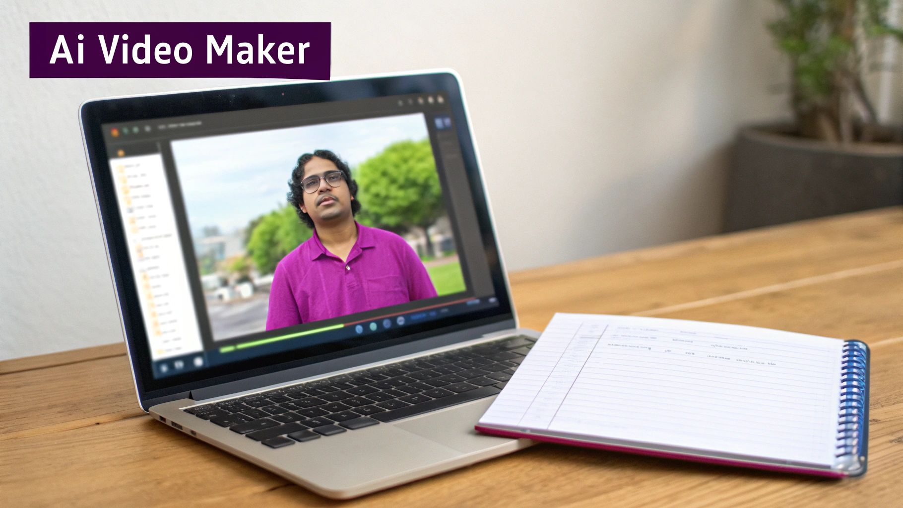 A laptop screen displays an AI video maker showing a man in a purple shirt, with a notebook on a wooden desk.