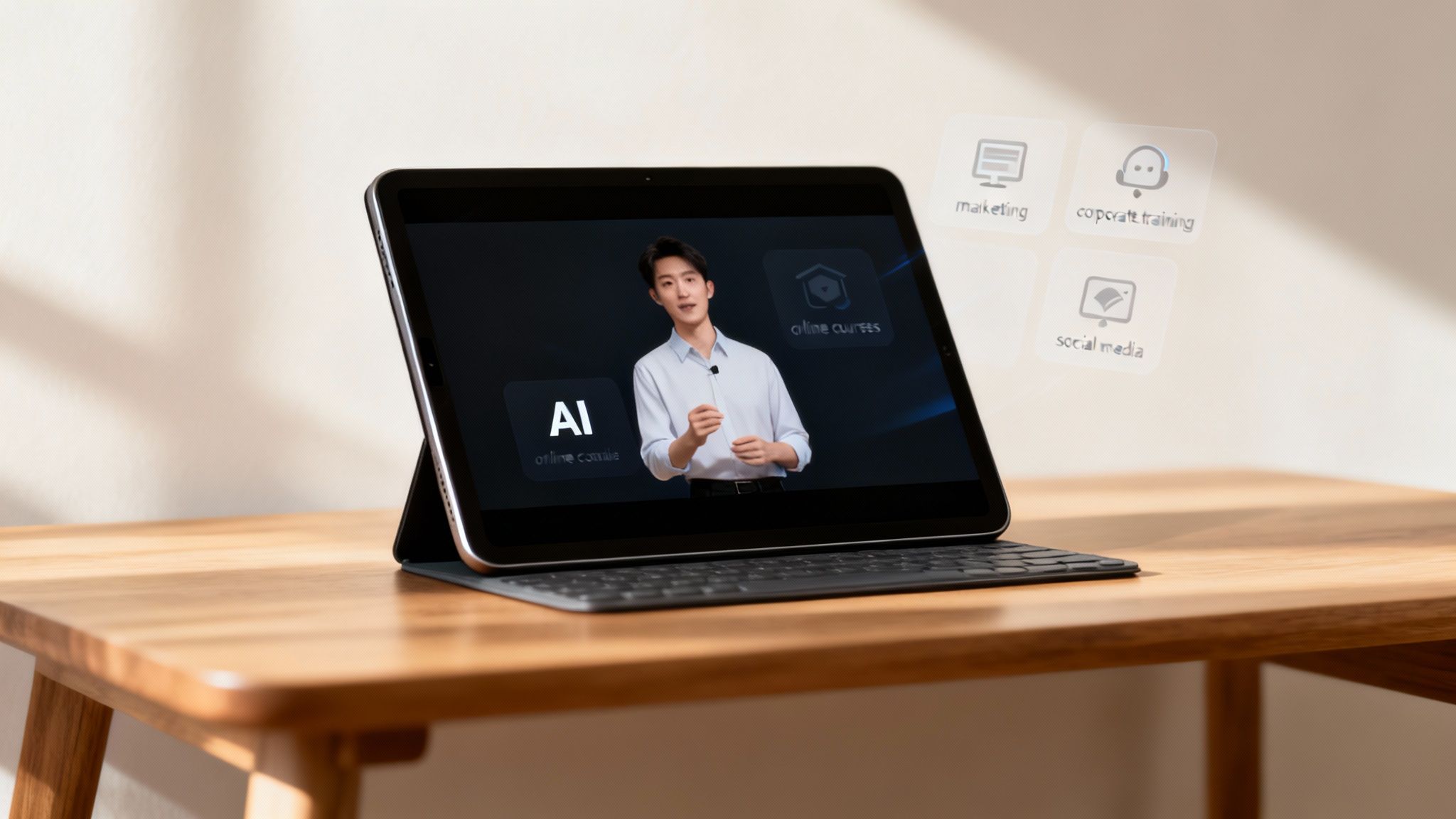 A tablet displays a man discussing AI and online courses, with floating icons for marketing, corporate training, and social media.