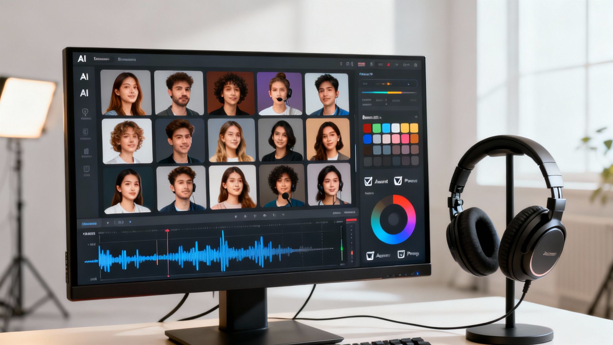 AI-powered video creation software on a monitor displaying avatars and an audio track, with headphones nearby.