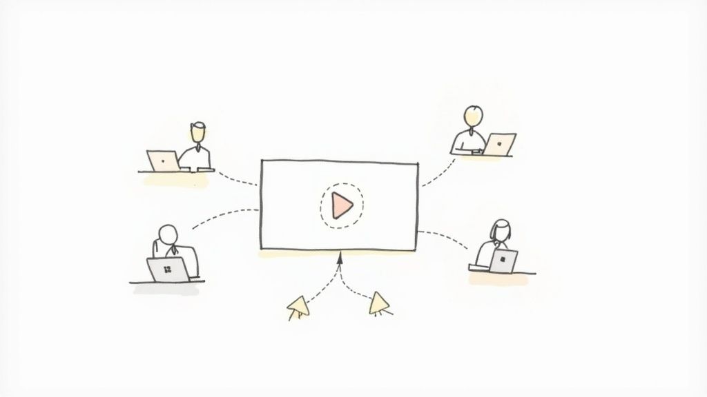 A team collaborating on a training video project in a modern office.