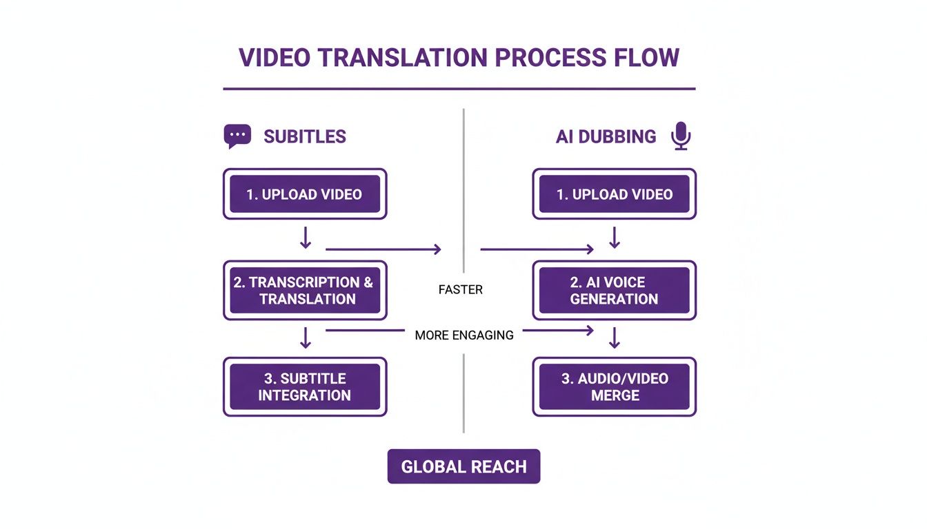 Flowchart illustrating video translation processes for subtitles and AI dubbing, highlighting steps and benefits.