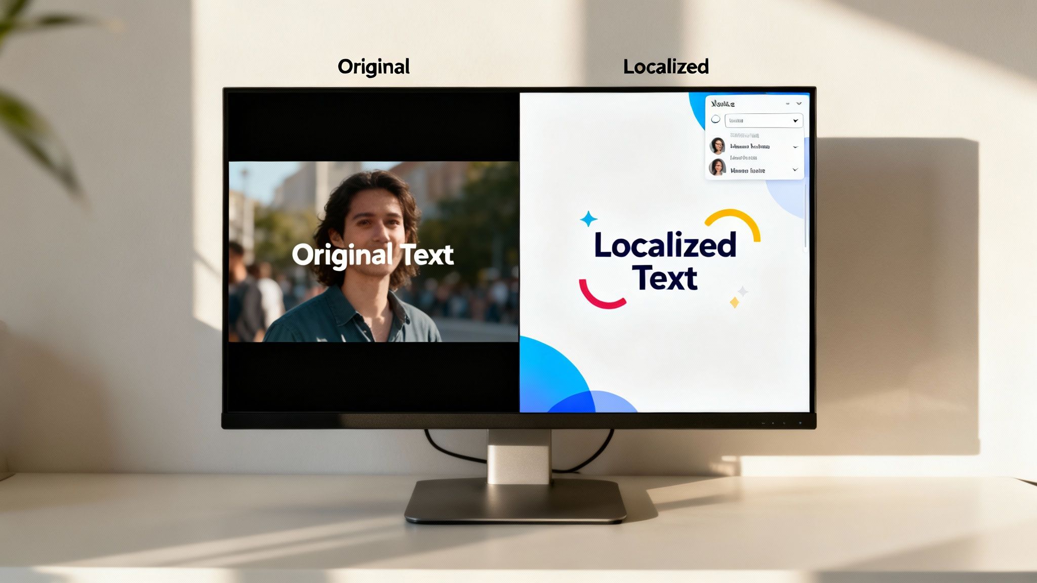 A computer monitor displays a split screen showing original video content and a localized software interface with translated text.