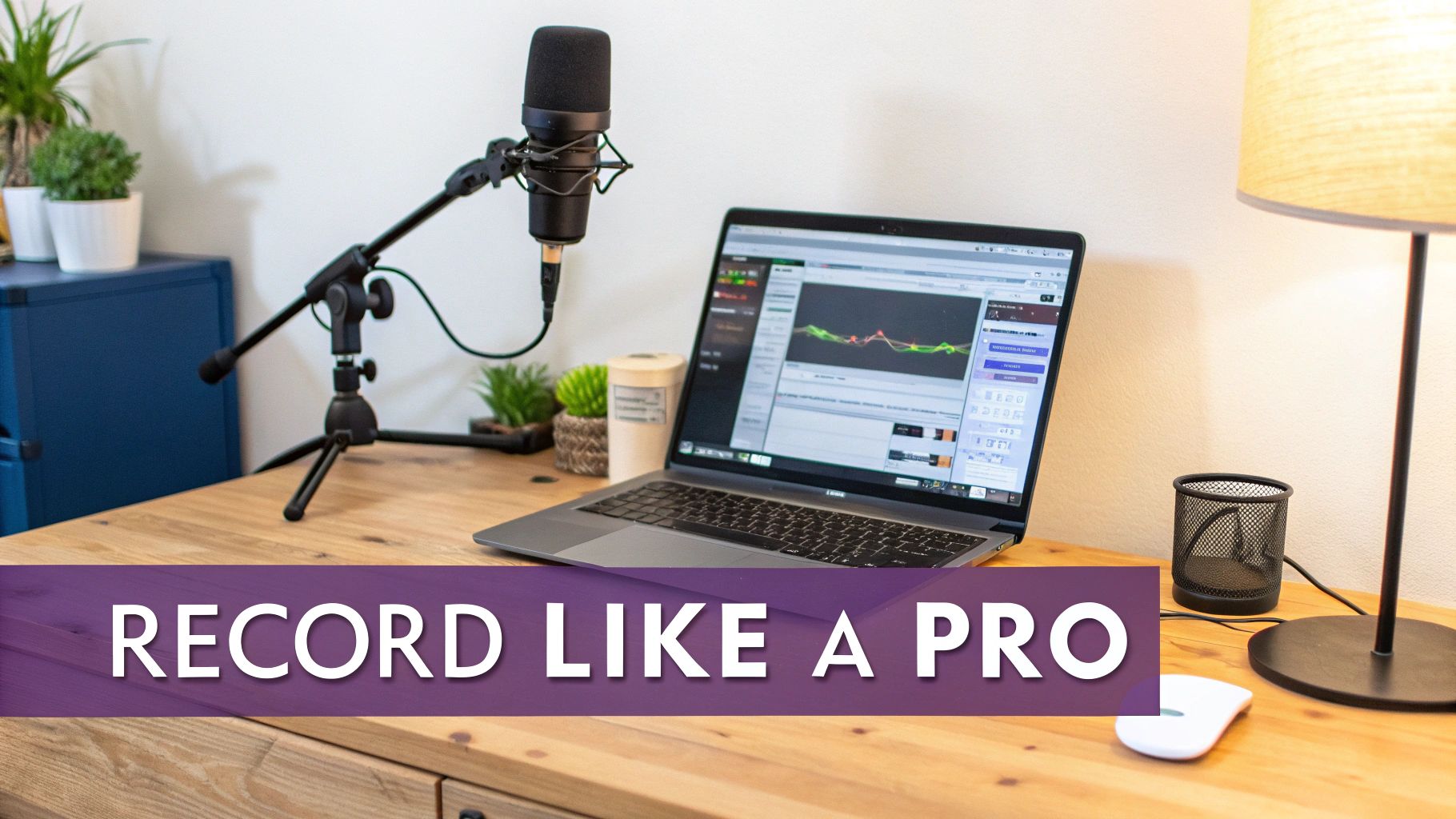 A professional audio recording setup with a condenser microphone, laptop with DAW software, and plants on a wooden desk.