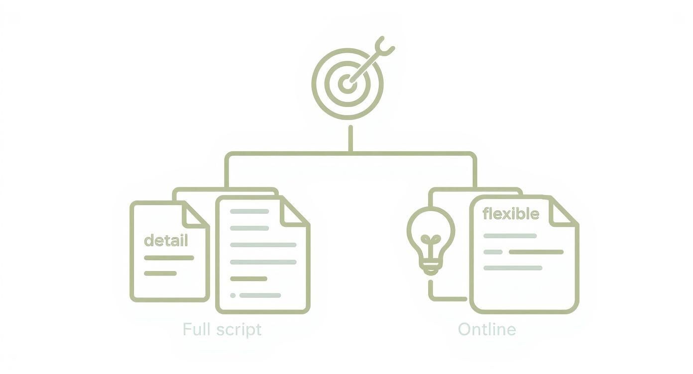Infographic decision tree showing how a training video's goal determines whether to use a full script for detail or an outline for flexibility.