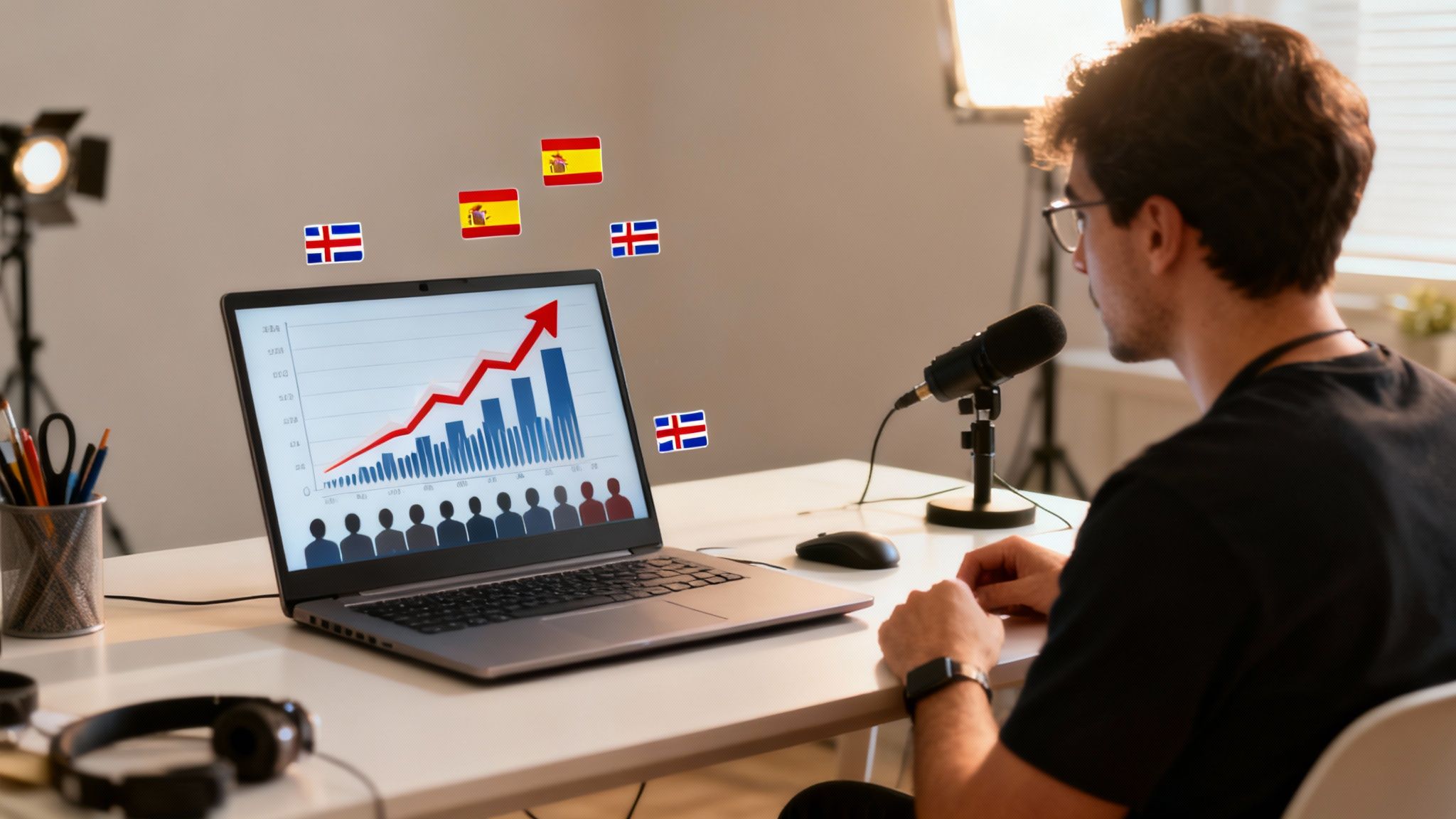 A man recording a podcast, displaying a graph with flags for Spanish and Icelandic languages.