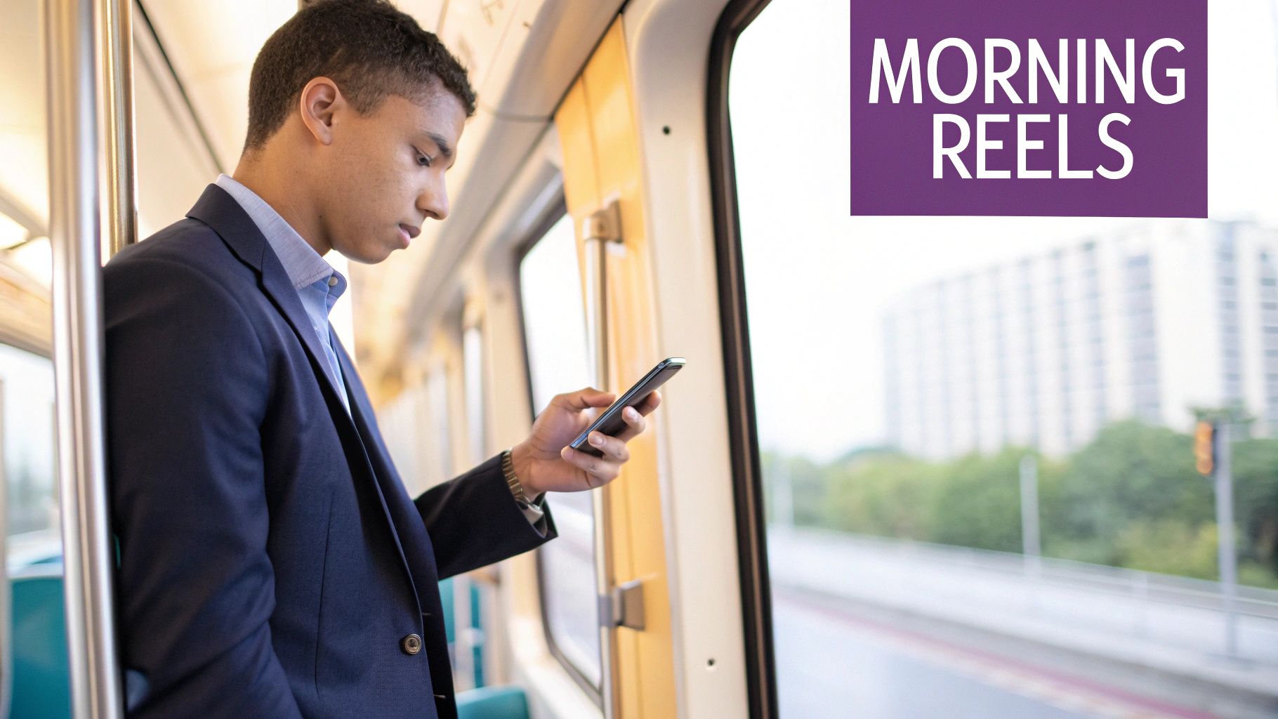 Young man in a suit looking at his phone on a train with "MORNING REELS" text overlay.