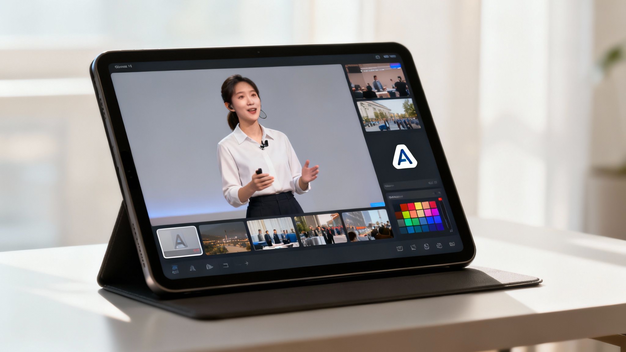 A tablet displays a woman speaking into a microphone on a professional video editing application.