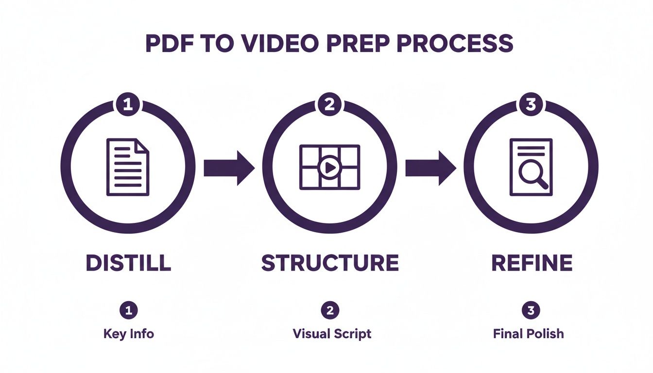A three-step PDF to video preparation process showing Distill Key Info, Structure Visual Script, and Refine Final Polish.