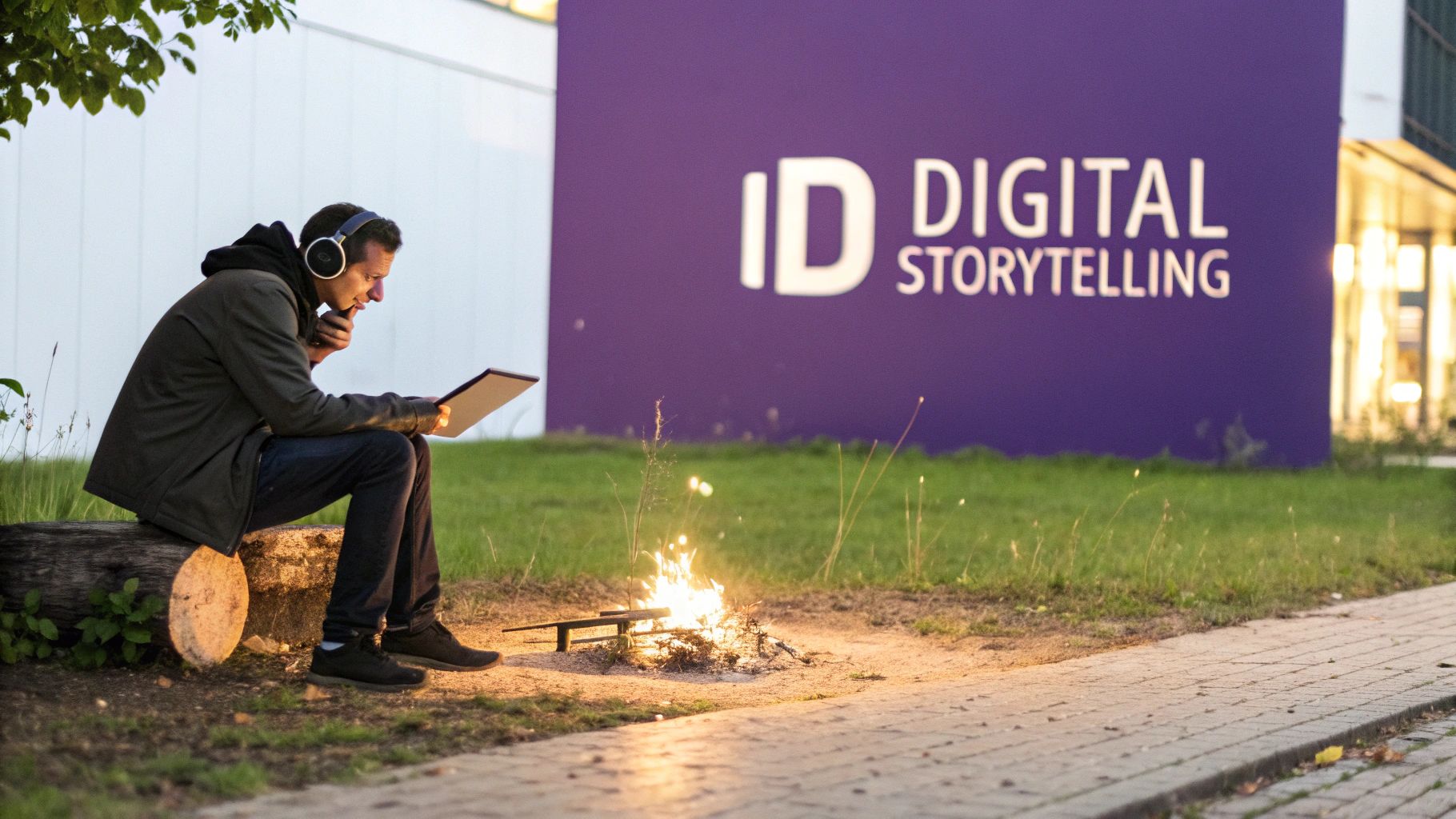Man with headphones using tablet by a small fire, 'Digital Storytelling' sign.