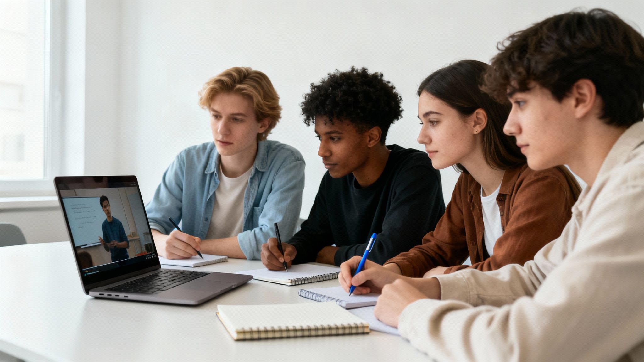 Four diverse students intently watch an online lecture on a laptop and take notes.