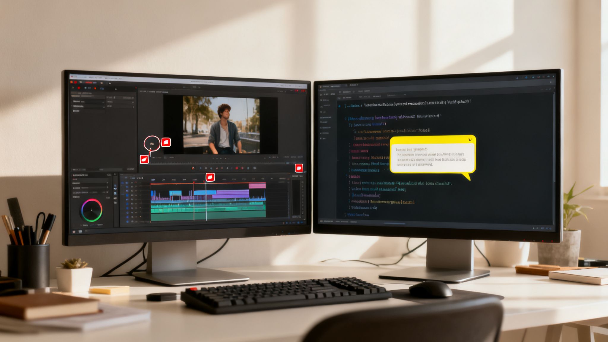 A modern workspace featuring dual monitors, one displaying video editing and the other programming code.