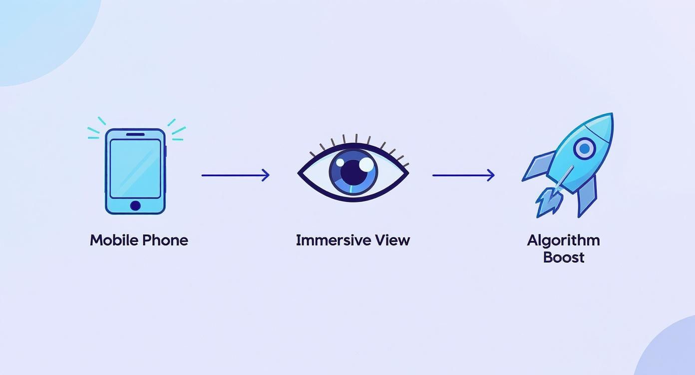 Diagram showing a mobile phone leading to an immersive view, resulting in an algorithm boost.