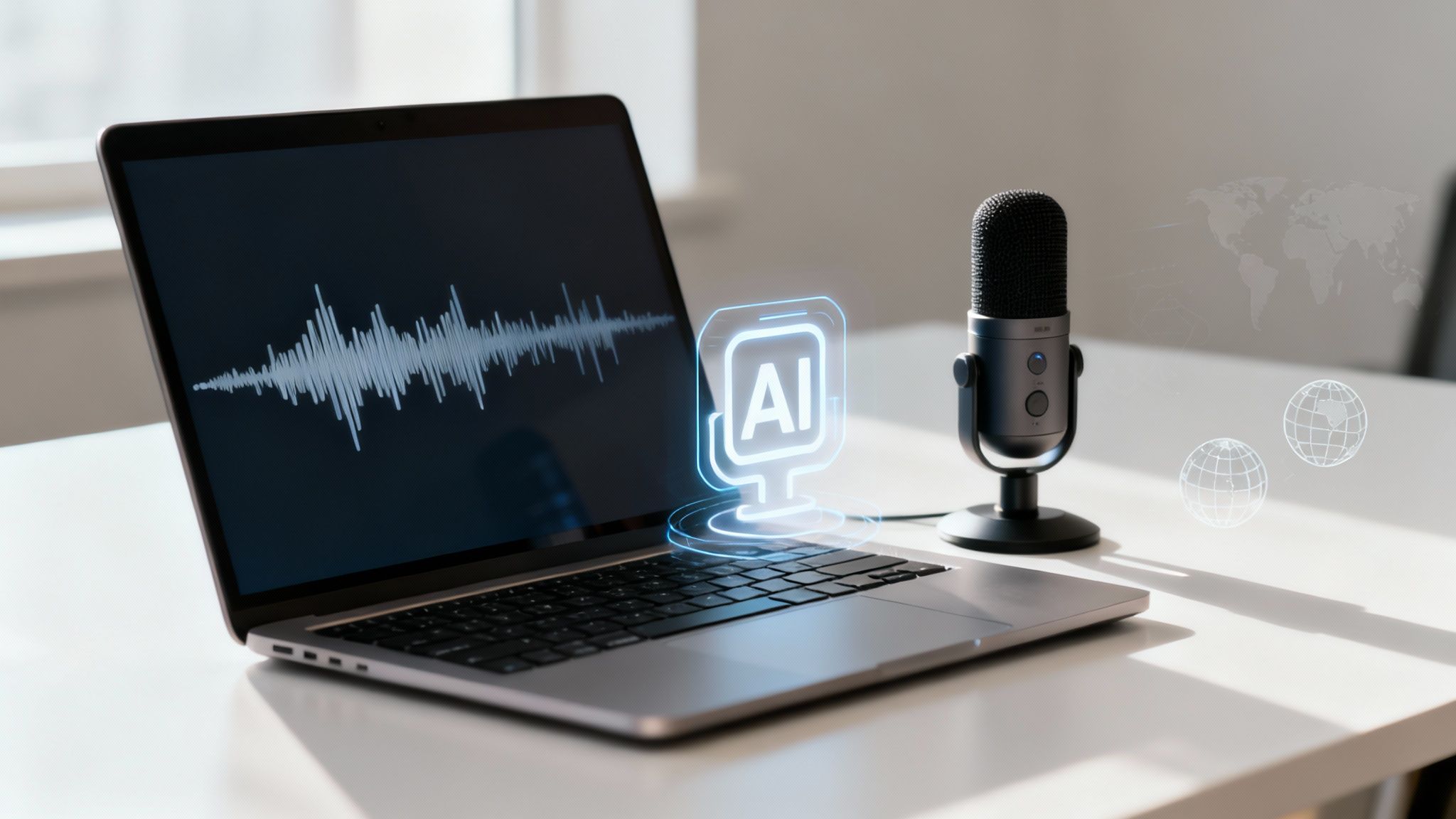 A laptop displaying a sound wave with an AI icon, alongside a microphone on a white desk.