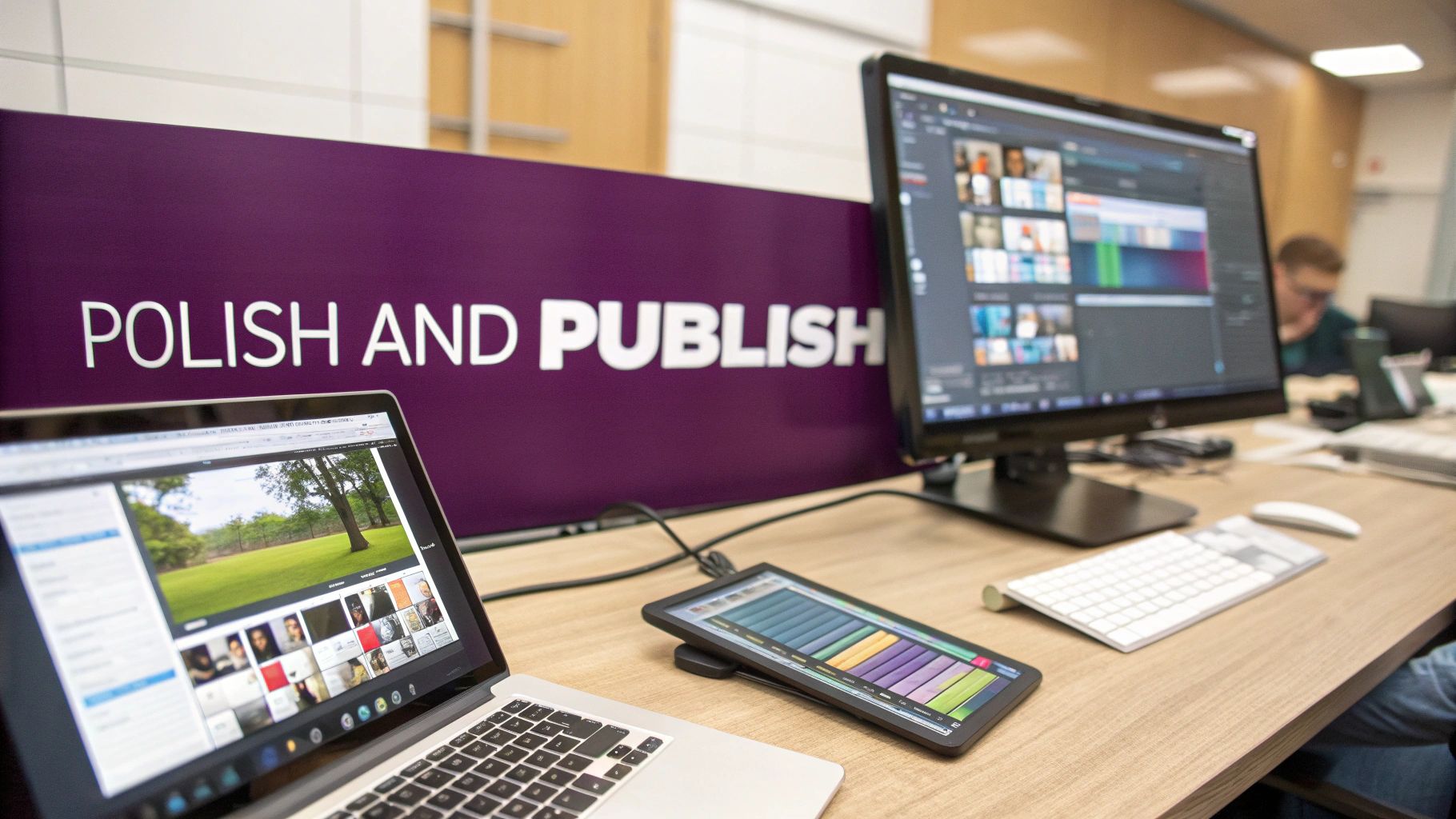 Digital creative workspace with laptop, monitor, and tablet, alongside a 'POLISH AND PUBLISH' sign.