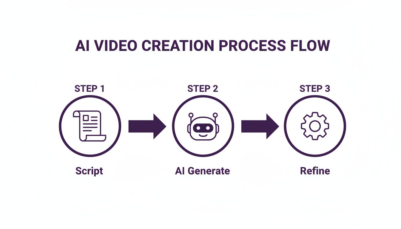Diagram showing the three-step AI video creation process flow: Script, AI Generate, and Refine.