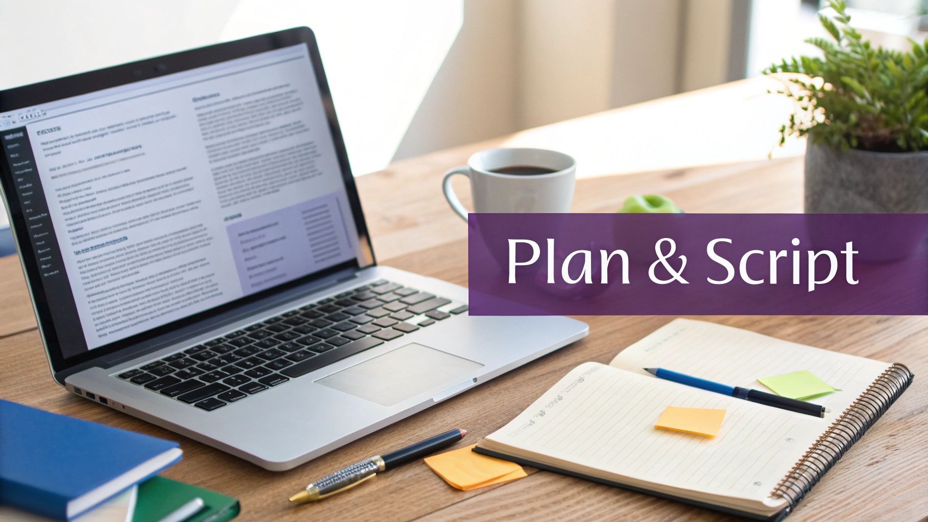 A laptop, notebook, and coffee mug on a wooden desk, with a 'Plan & Script' overlay, suggesting content creation.