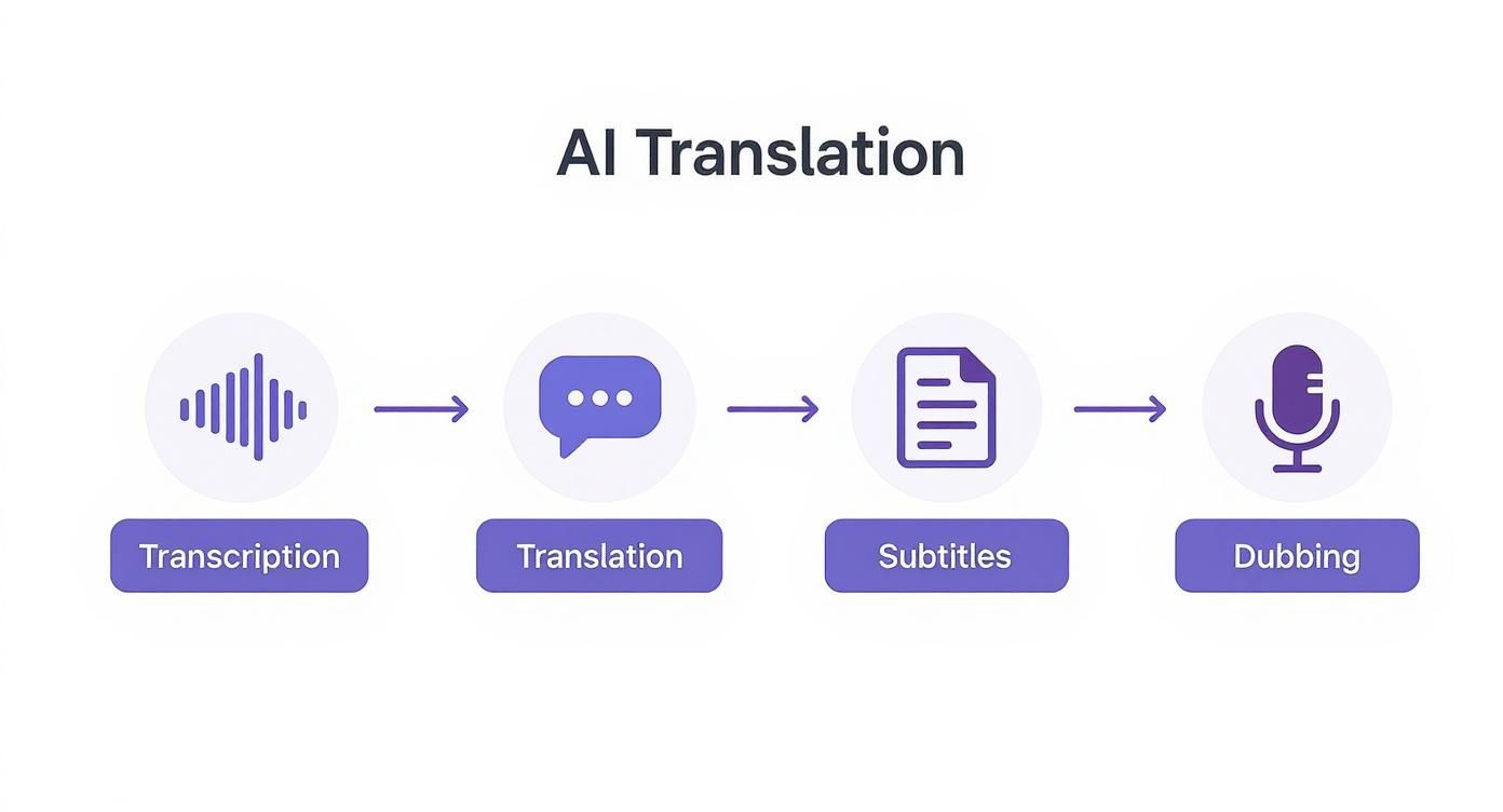 A flowchart illustrating the AI translation process: transcription, translation, subtitles, and dubbing.