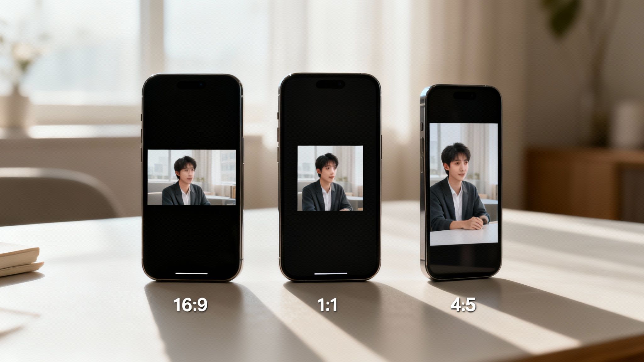 Three smartphones display a video of a man in 16:9, 1:1, and 4:5 aspect ratios on a table.