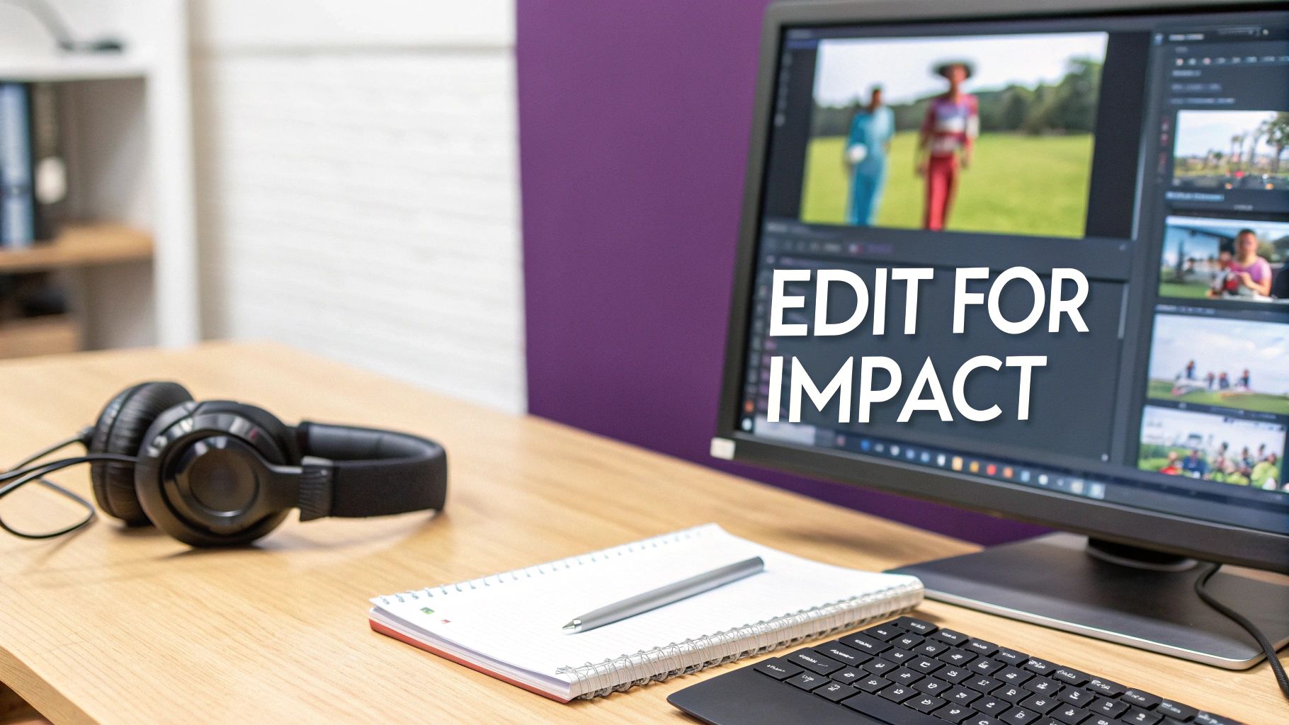 A computer monitor displays video editing software with 'EDIT FOR IMPACT' text, alongside headphones and a notebook.