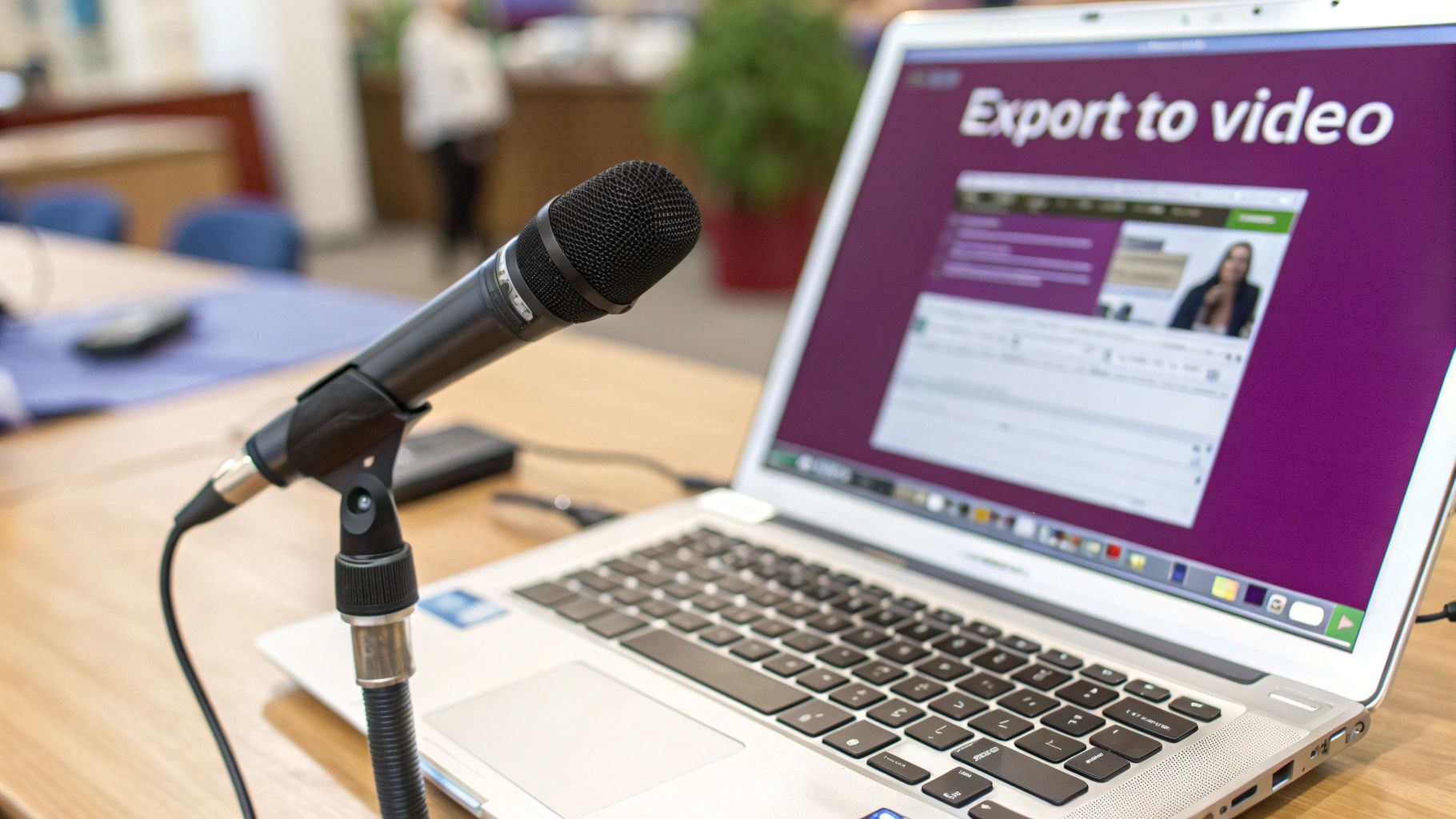 A black microphone positioned in front of a laptop displaying 'Export to video' and a speaker.