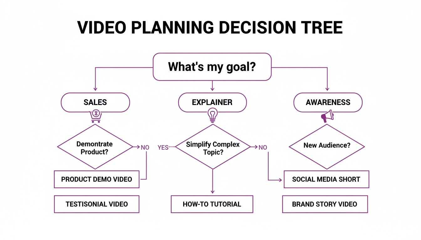 Decision tree for video planning, helping choose video types based on goals like sales, explanation, or awareness.