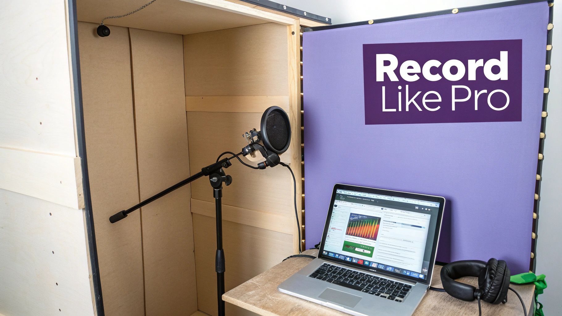 A home recording studio setup with a microphone, laptop, headphones, and a 'Record Like Pro' sign.