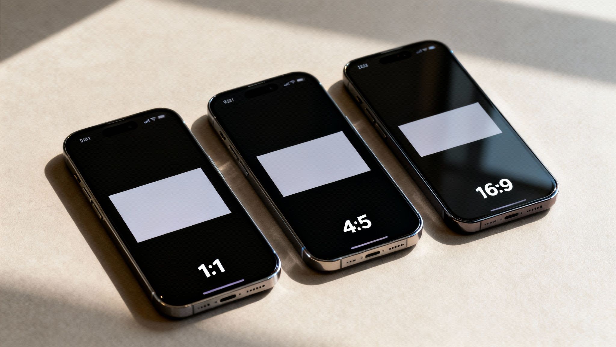 Three smartphones display different video aspect ratios: 1:1, 4:5, and 16:9, on their screens.